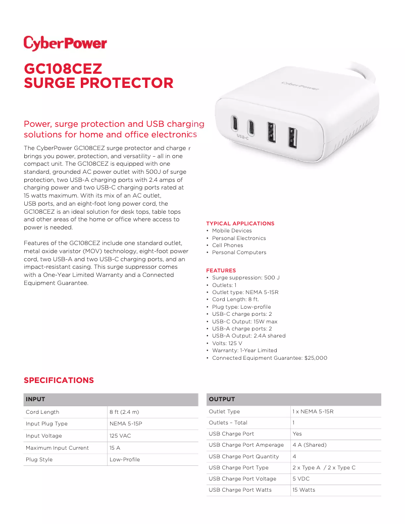 Page 1 de la notice Fiche technique CyberPower GC108CEZ