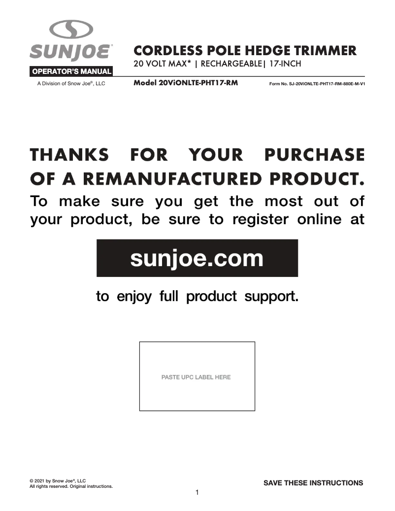 Page n°1 - Manuel utilisateur Sun Joe 20VIONLT-PHT17-RM