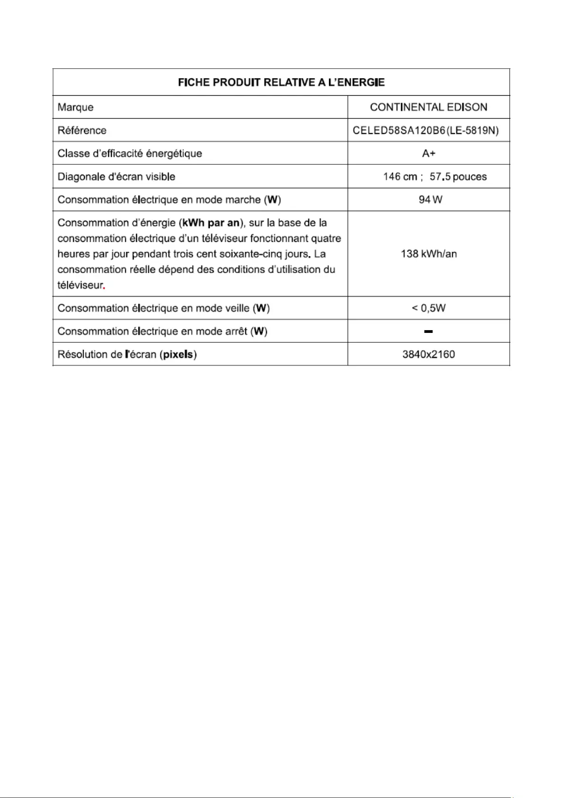Page 1 de la notice Manuel utilisateur Continental Edison CELED58SA120B6