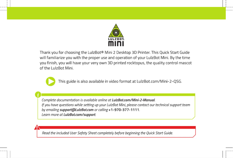 Page 1 de la notice Manuel utilisateur LulzBot Mini 2
