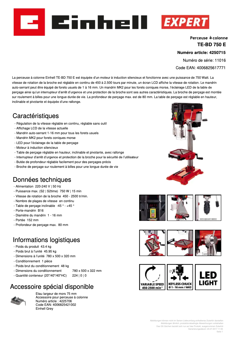 Page 1 de la notice Fiche technique Einhell TE-BD 750 E
