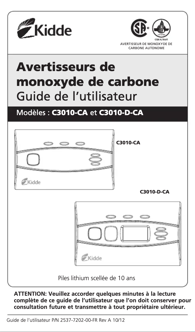 Page n°1 - Manuel utilisateur Kidde C3010D-CA