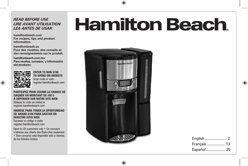 Page 1 de la notice Manuel d'utilisation et d'entretien Hamilton Beach BrewStation 47950