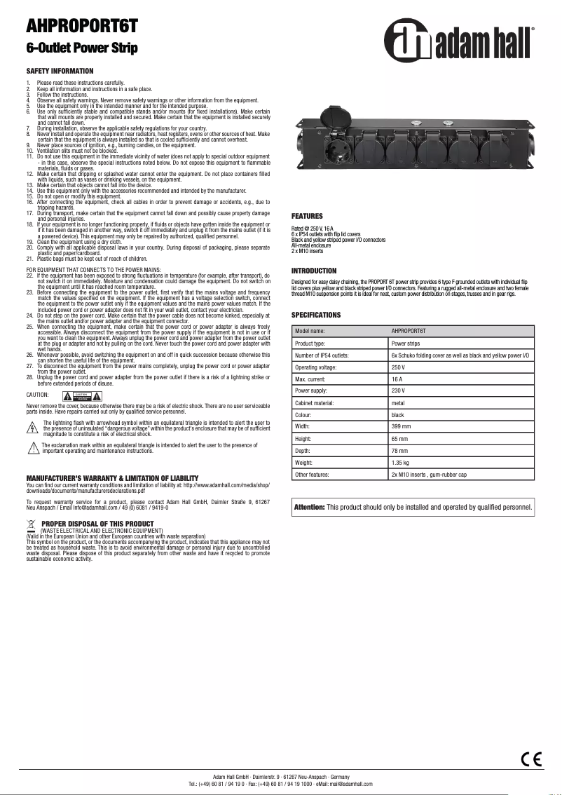 Page 1 de la notice Manuel utilisateur Adam Hall AHPROPORT6T