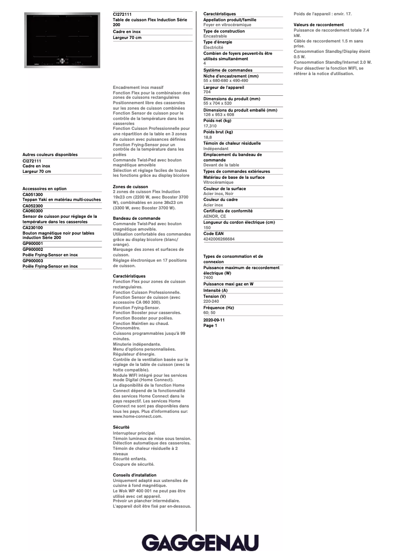 Page 1 de la notice Fiche technique Gaggenau CI272111