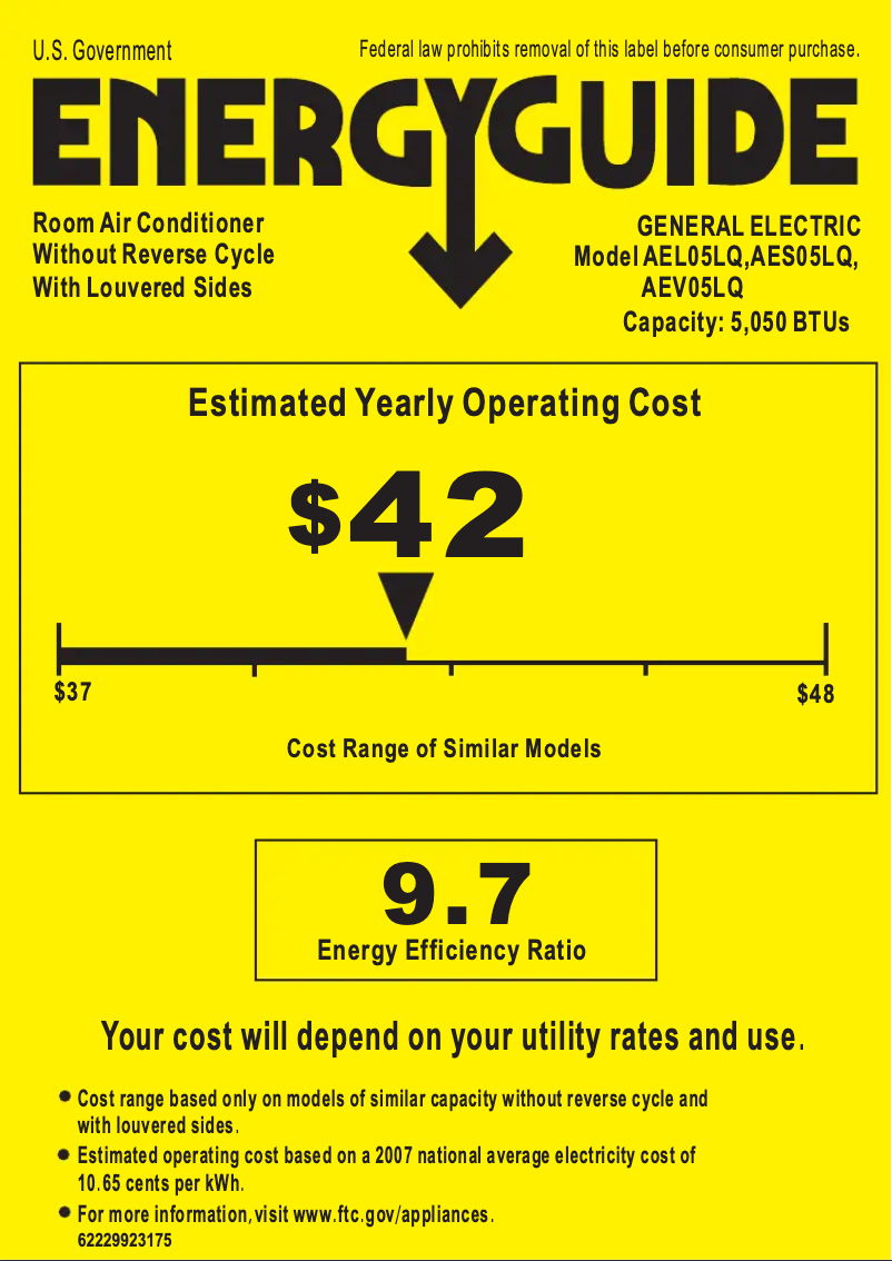 Page n°1 - Label énergétique GE AEV05LQ
