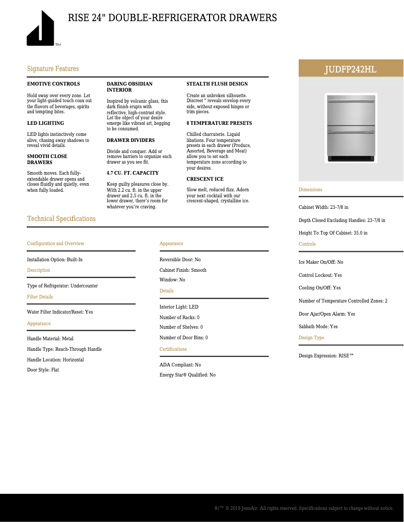 Page 1 de la notice Fiche technique JennAir JUDFP242HL