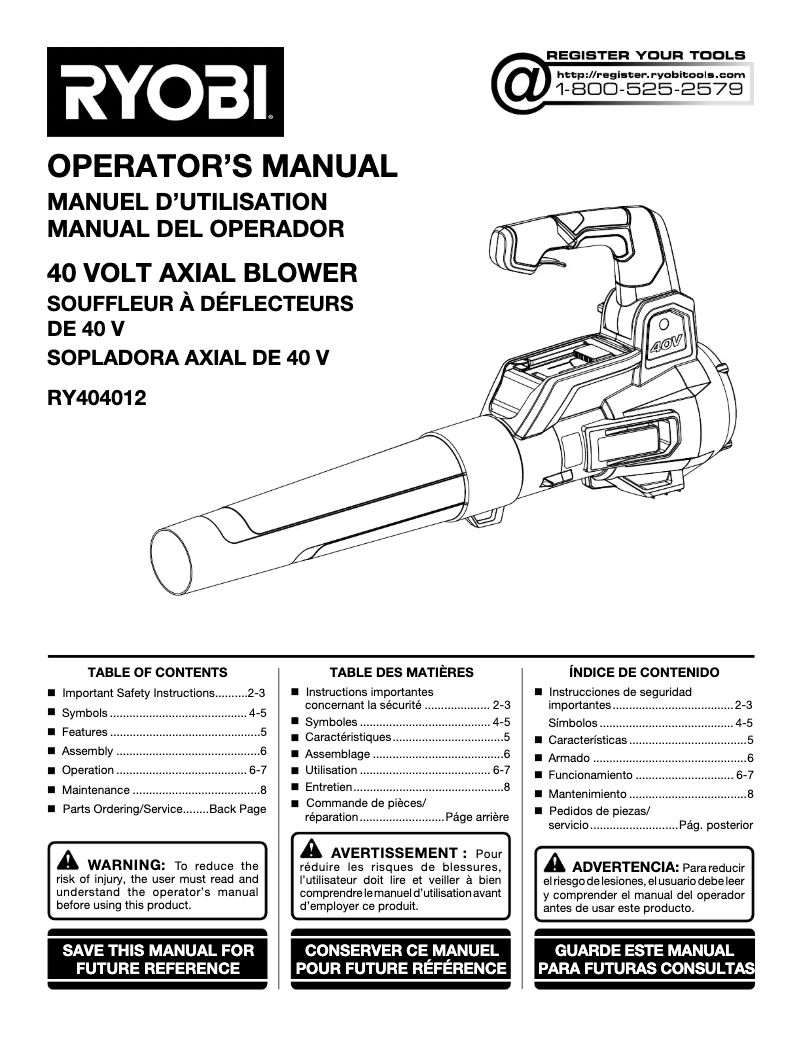 Page 1 de la notice Manuel utilisateur RYOBI RY404012