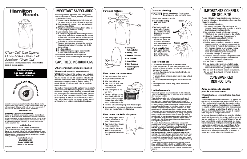 Page 1 de la notice Manuel utilisateur Hamilton Beach 76375