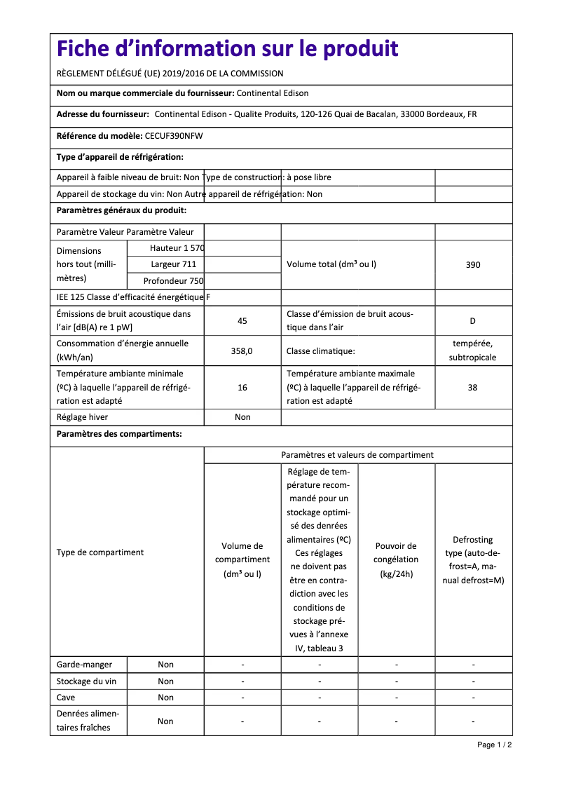 Image de la première page du manuel de l'appareil CECUF390NFW