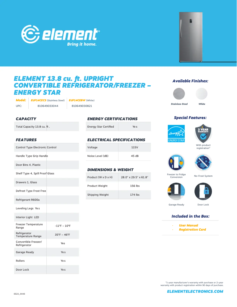 Page 1 de la notice Fiche technique Element EUF14CECS