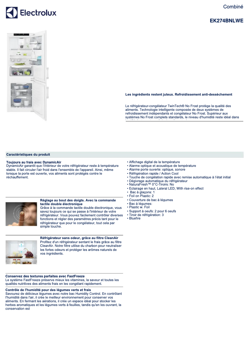 Page 1 de la notice Fiche technique Electrolux EK274BNLWE