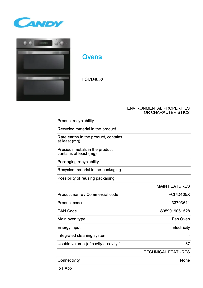 Page 1 de la notice Fiche technique Candy FCI7D405X