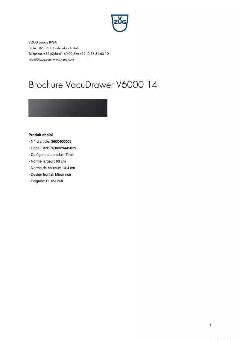 Page 1 de la notice Brochure V-Zug VacuDrawer V6000 14
