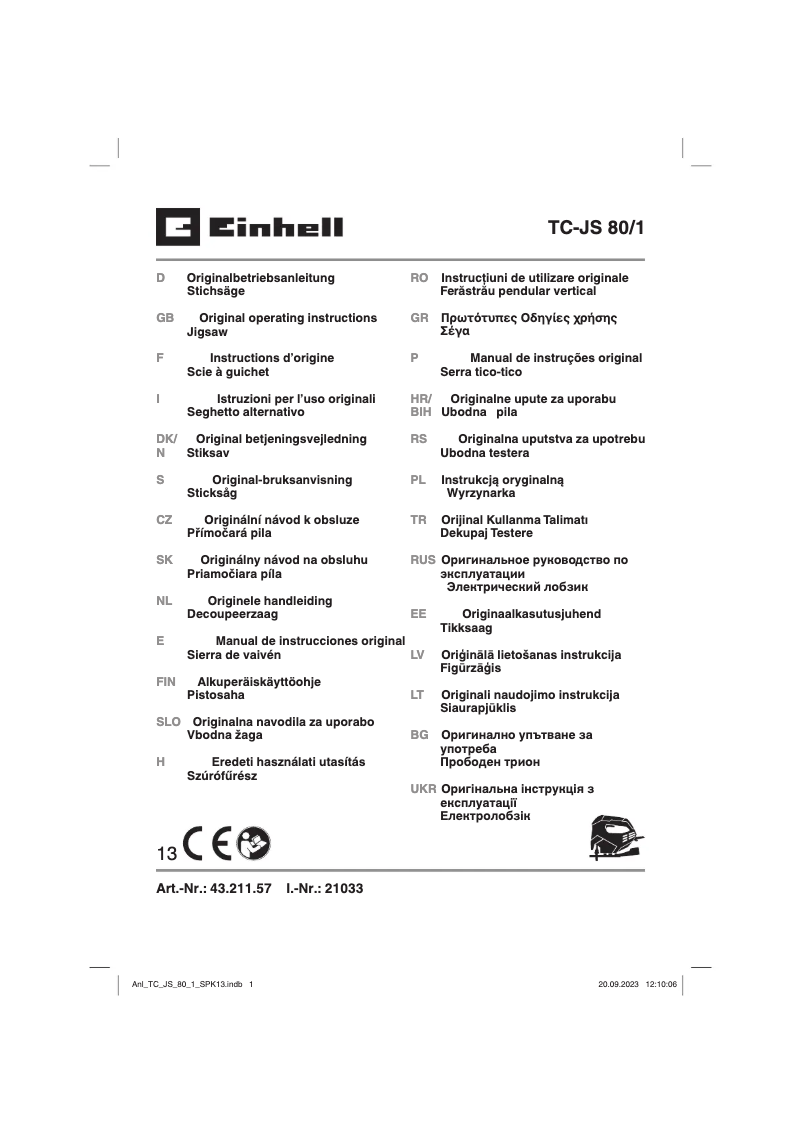 Page 1 de la notice Manuel utilisateur Einhell TC-JS 80/1
