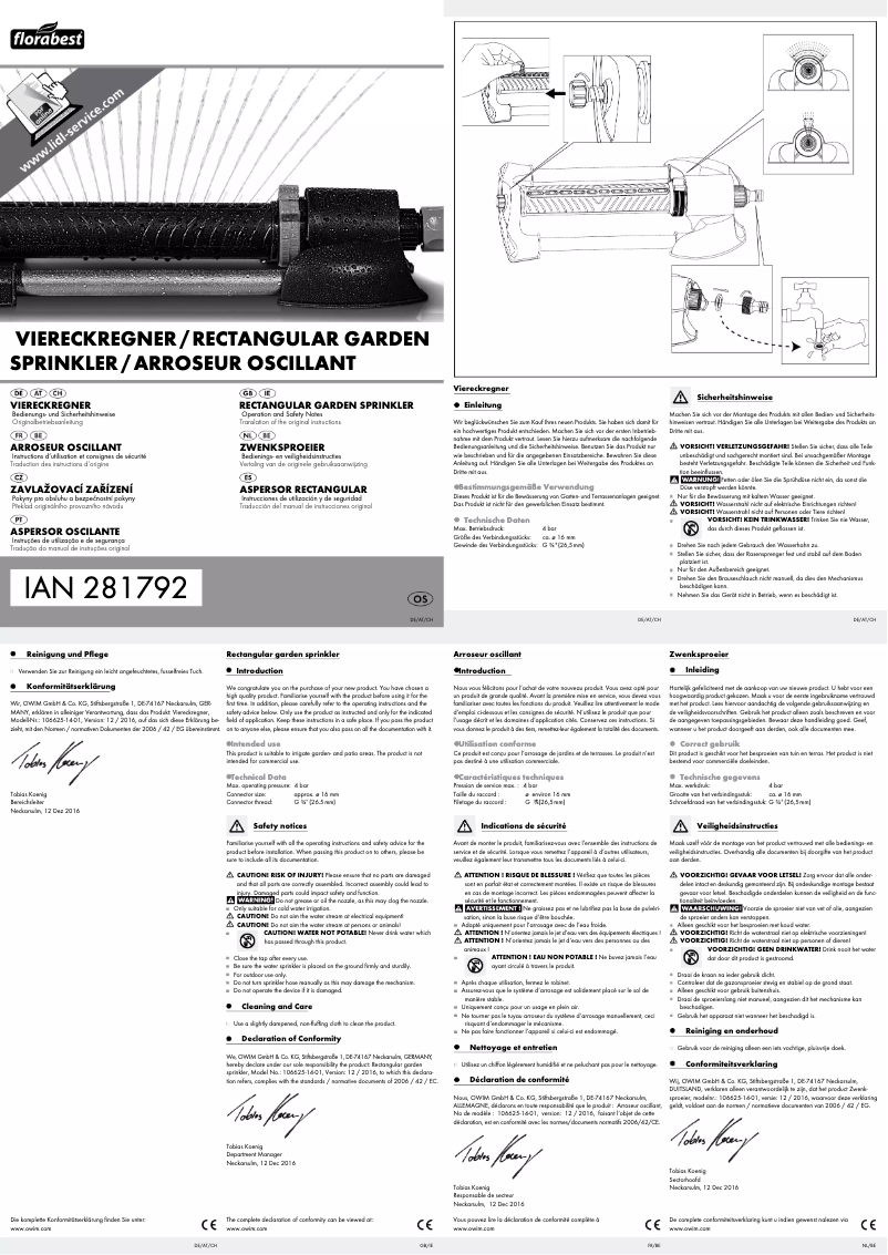 Page 1 de la notice Manuel utilisateur Florabest IAN 281792
