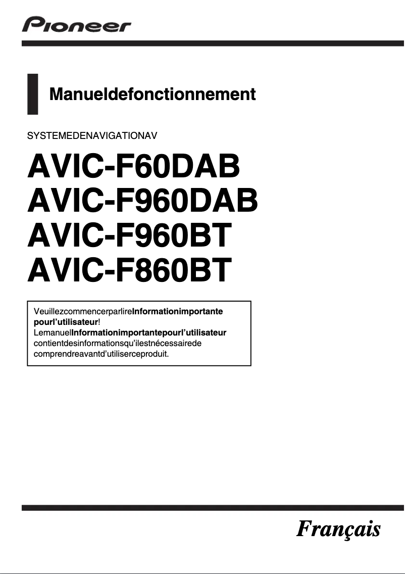 Page 1 de la notice Manuel utilisateur Pioneer AVIC-F960BT