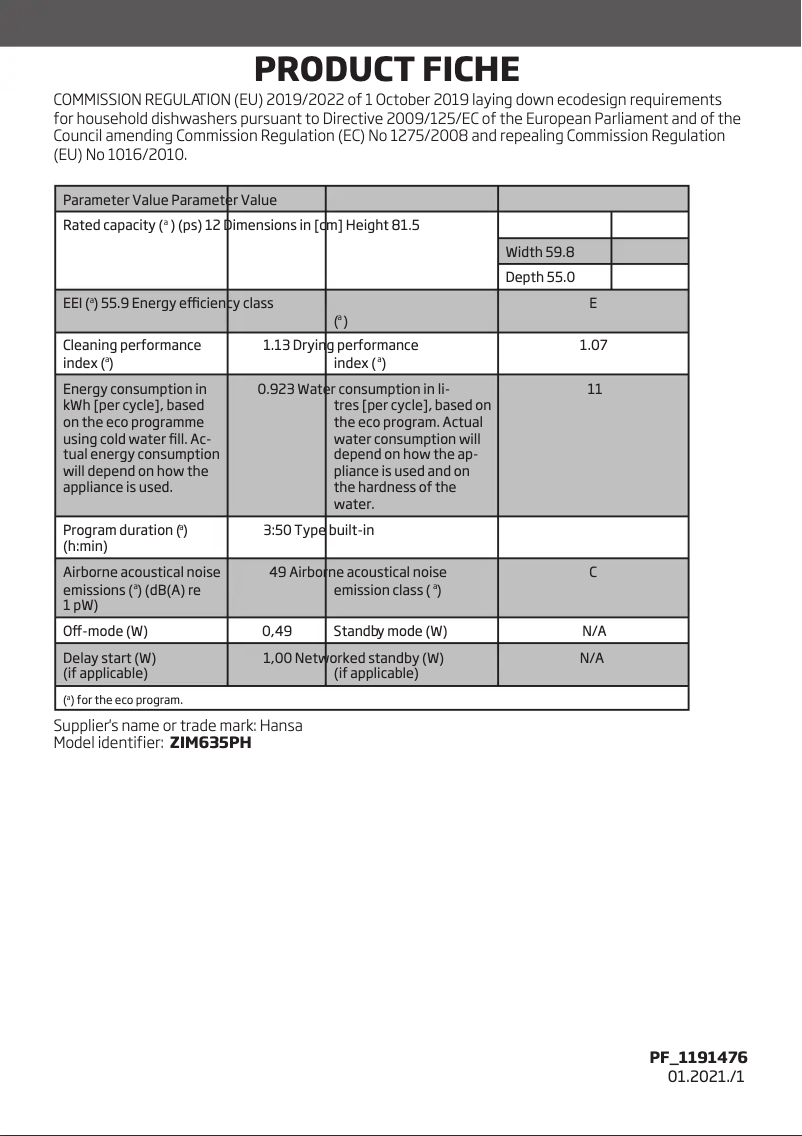 Page 1 de la notice Fiche technique Hansa ZIM635PH