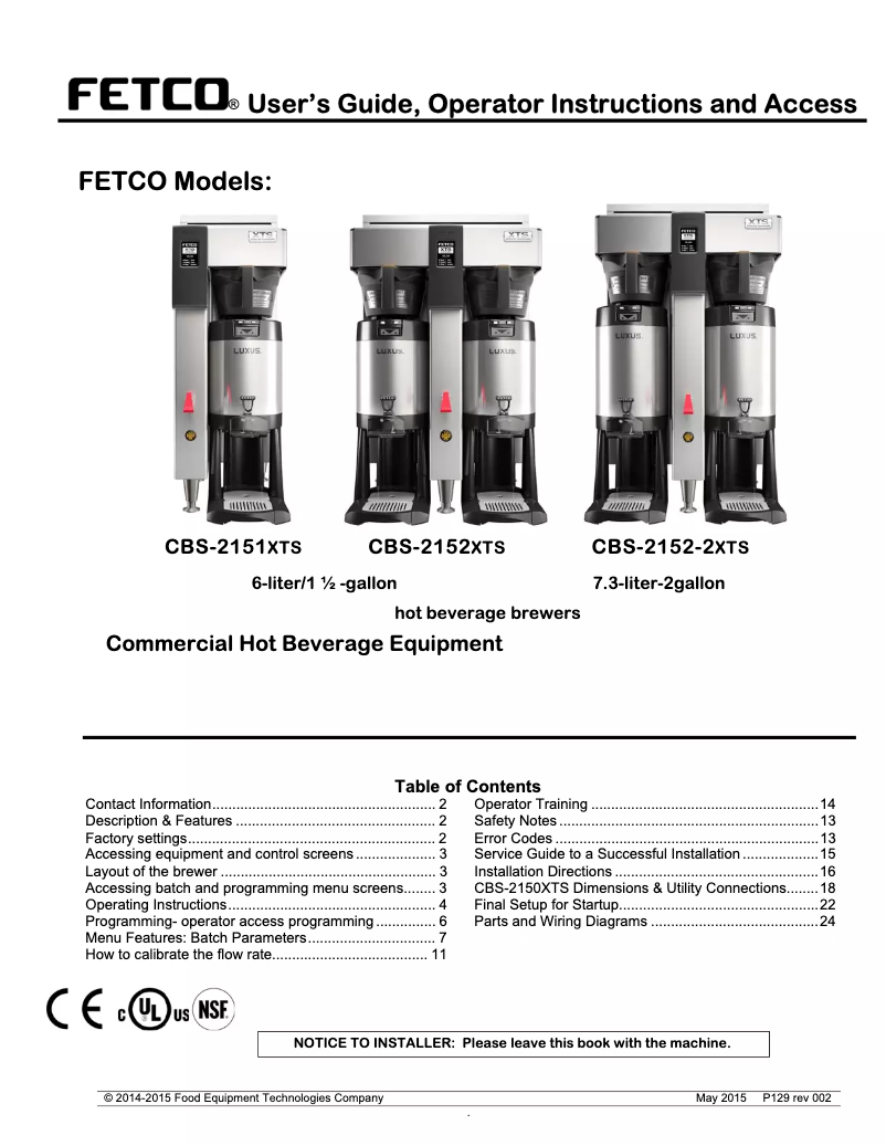 Page 1 de la notice Manuel utilisateur Fetco CBS-2151XTS