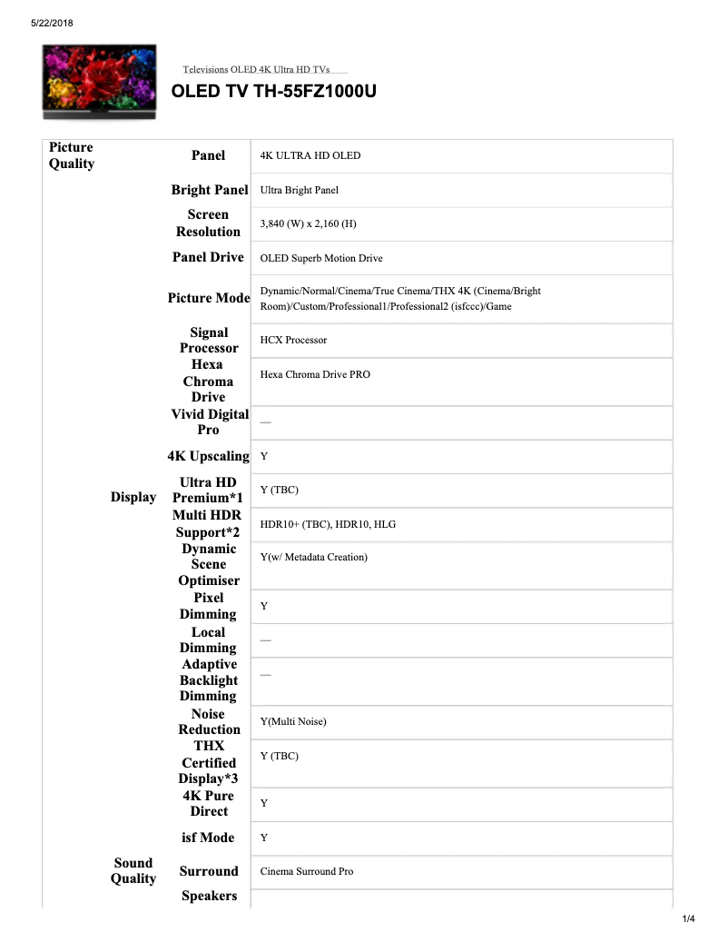 Page 1 de la notice Fiche technique Panasonic TH-55FZ1000U