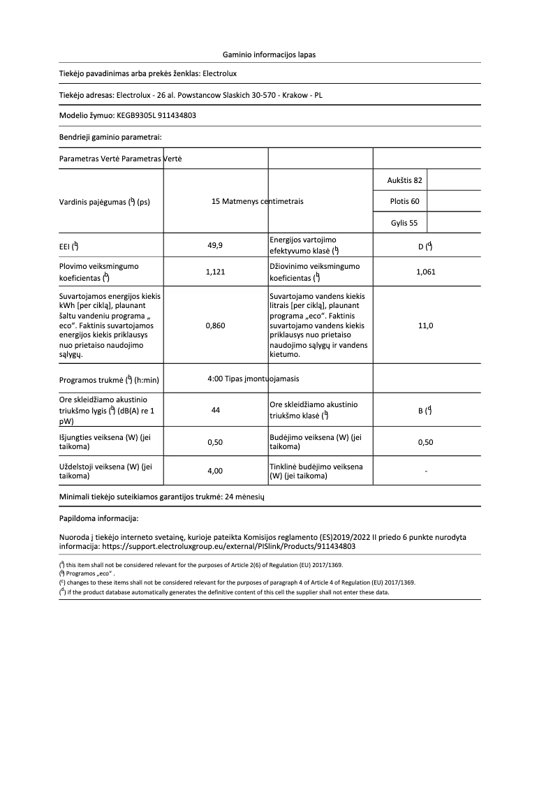 Página 1 del manual Ficha técnica Electrolux KEGB9305L