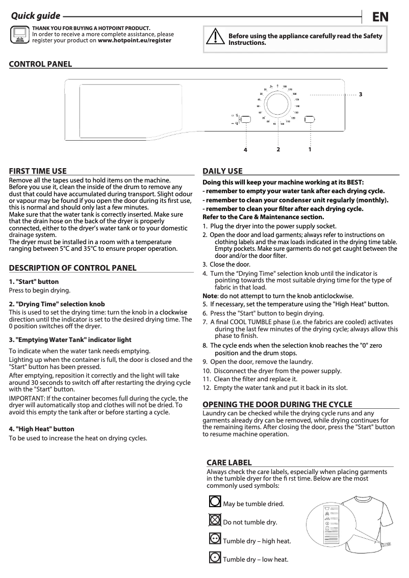 Page n°1 - Manuel utilisateur Hotpoint H2 D71W UK