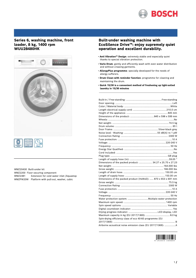 Página 1 del manual Ficha técnica Bosch WUU28480HK