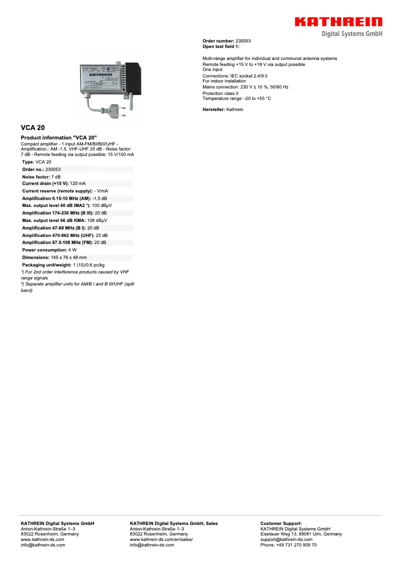 Page 1 de la notice Manuel utilisateur Kathrein VCA 20