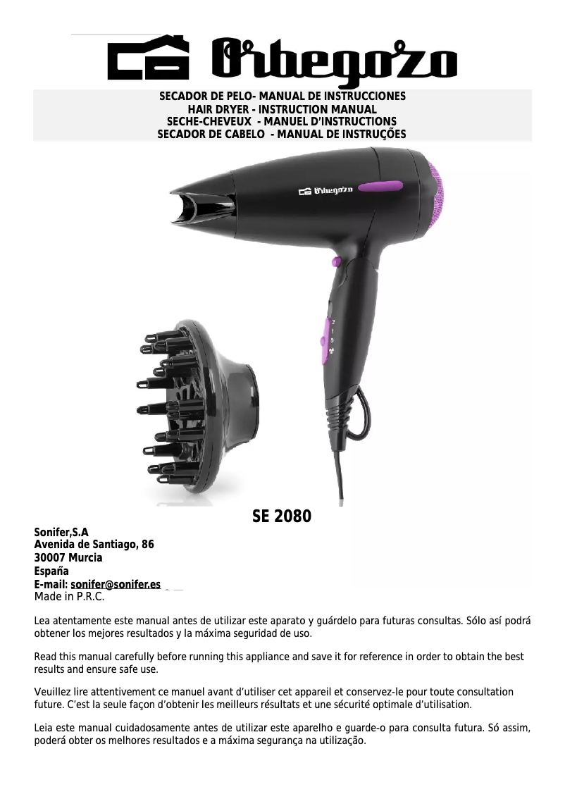 Page 1 de la notice Manuel utilisateur Orbegozo SE 2080