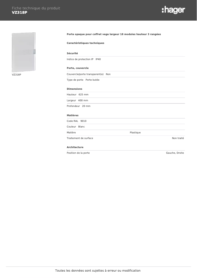 Page 1 de la notice Fiche technique Hager VZ318P