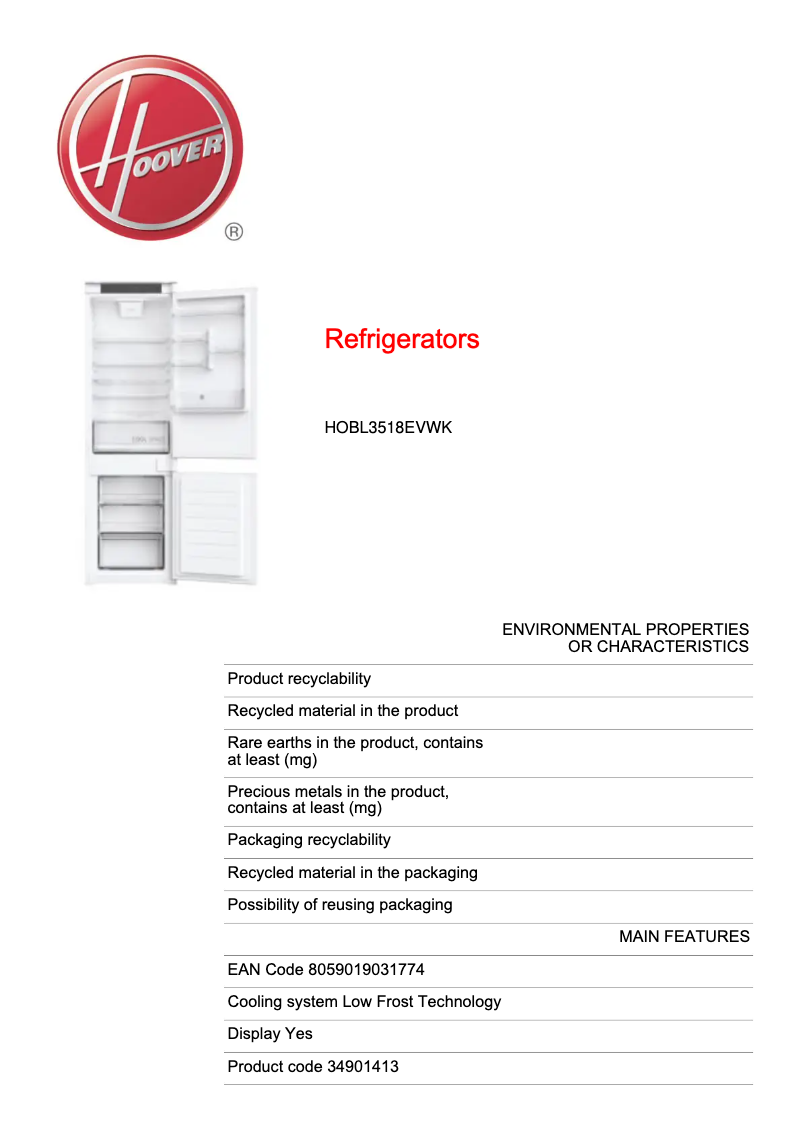 Página 1 del manual Ficha técnica Hoover HOBL3518EVWK