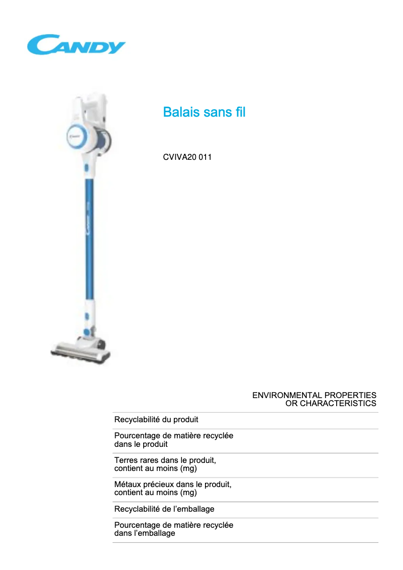 Page 1 de la notice Fiche technique Candy CVIVA20 011