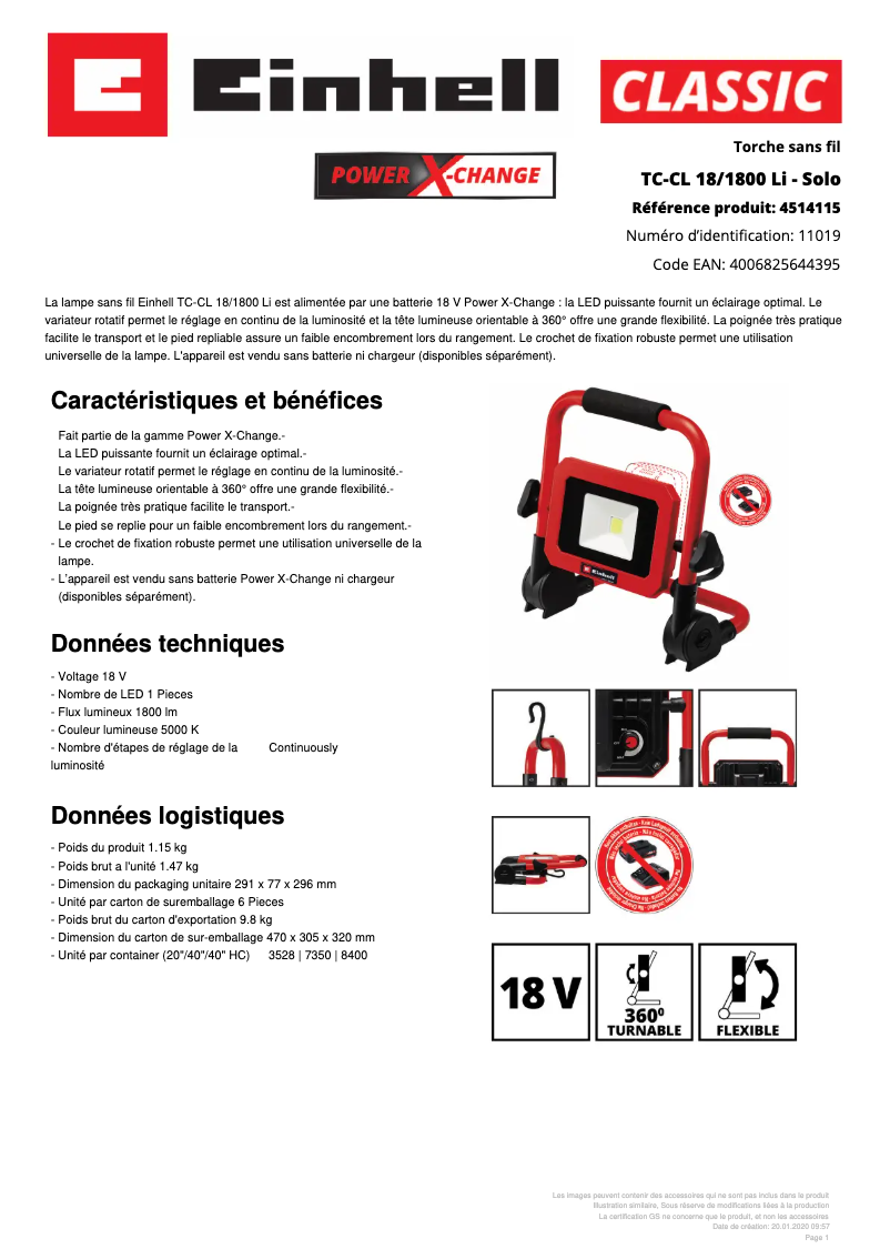 Page n°1 - Fiche technique Einhell TC-CL 18/1800 Li