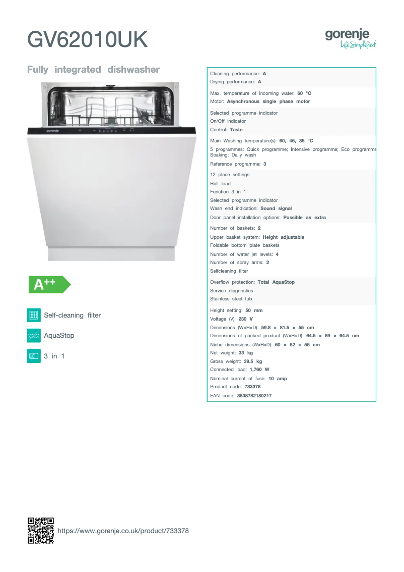 Page n°1 - Fiche technique Gorenje GV62010UK