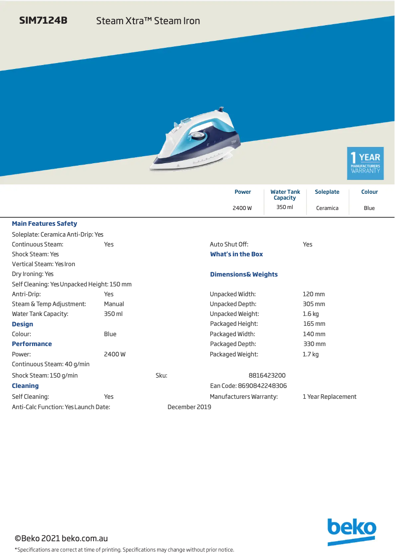 Page 1 de la notice Fiche technique Beko SIM 7124B