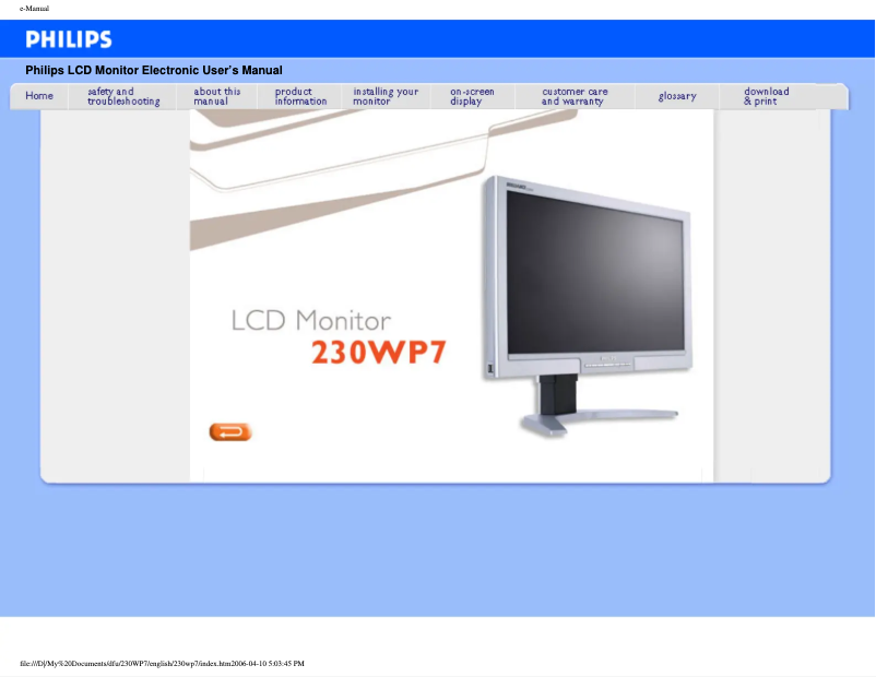 Page n°1 - Manuel utilisateur Philips Brilliance 230WP7NS