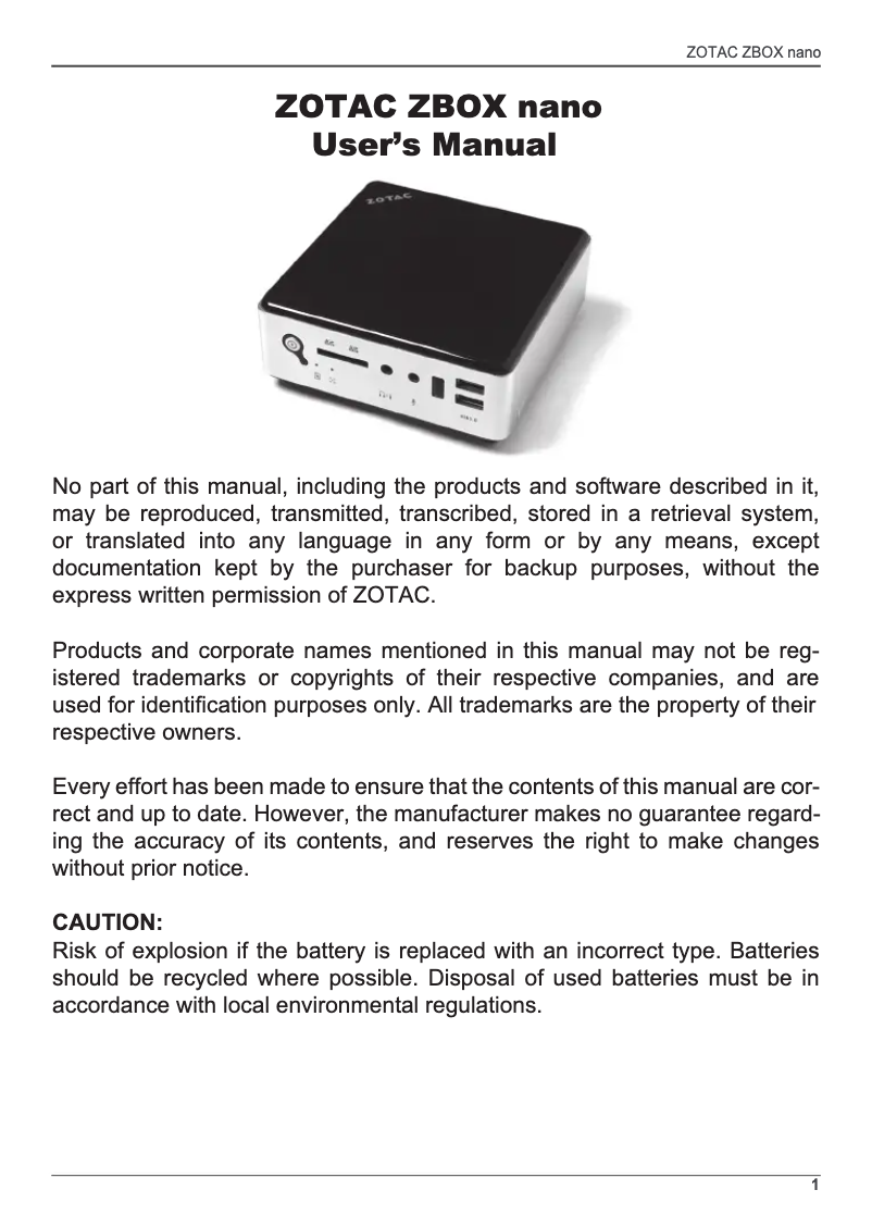 Page 1 de la notice Manuel utilisateur Zotac ZBOX MI542 nano