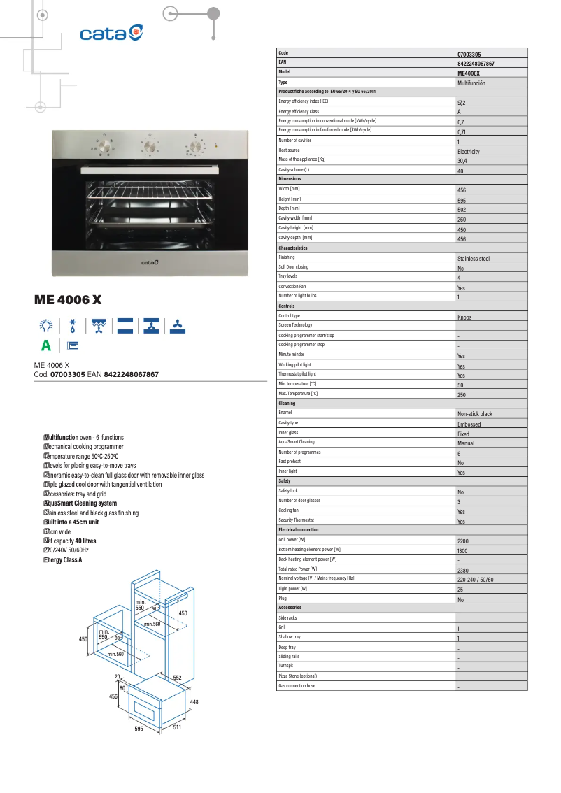 Page 1 de la notice Fiche technique CATA ME 4006 X