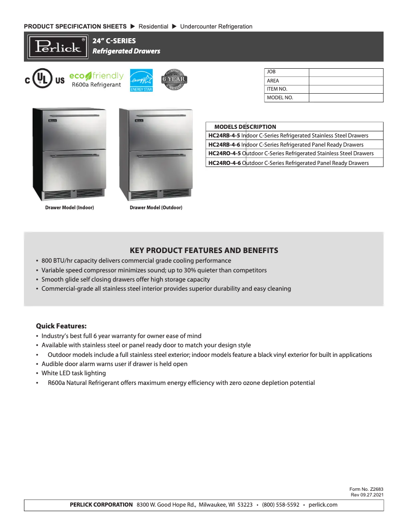 Page 1 de la notice Fiche technique Perlick HC24RB-4-6