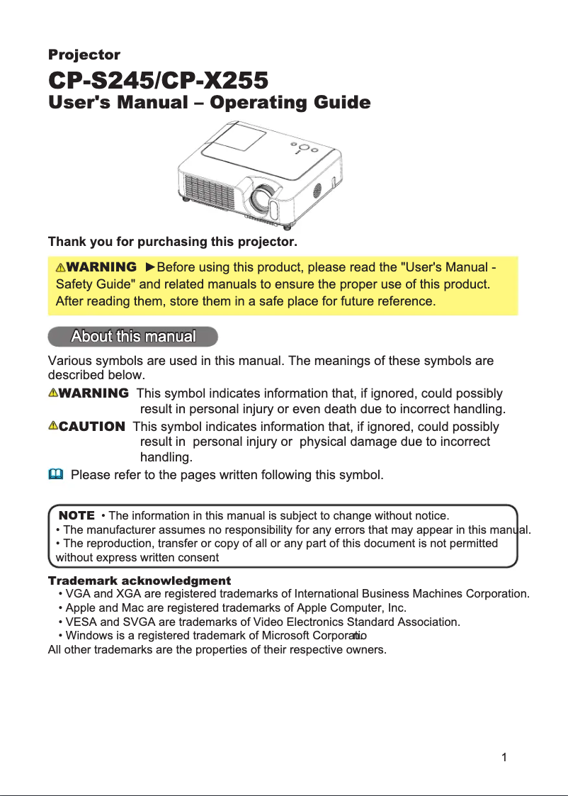 Page n°1 - Manuel utilisateur Hitachi CP-X255WF