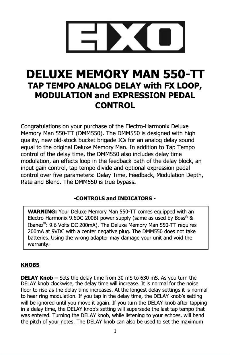 Page n°1 - Manuel utilisateur Electro Harmonix Deluxe Memory Man