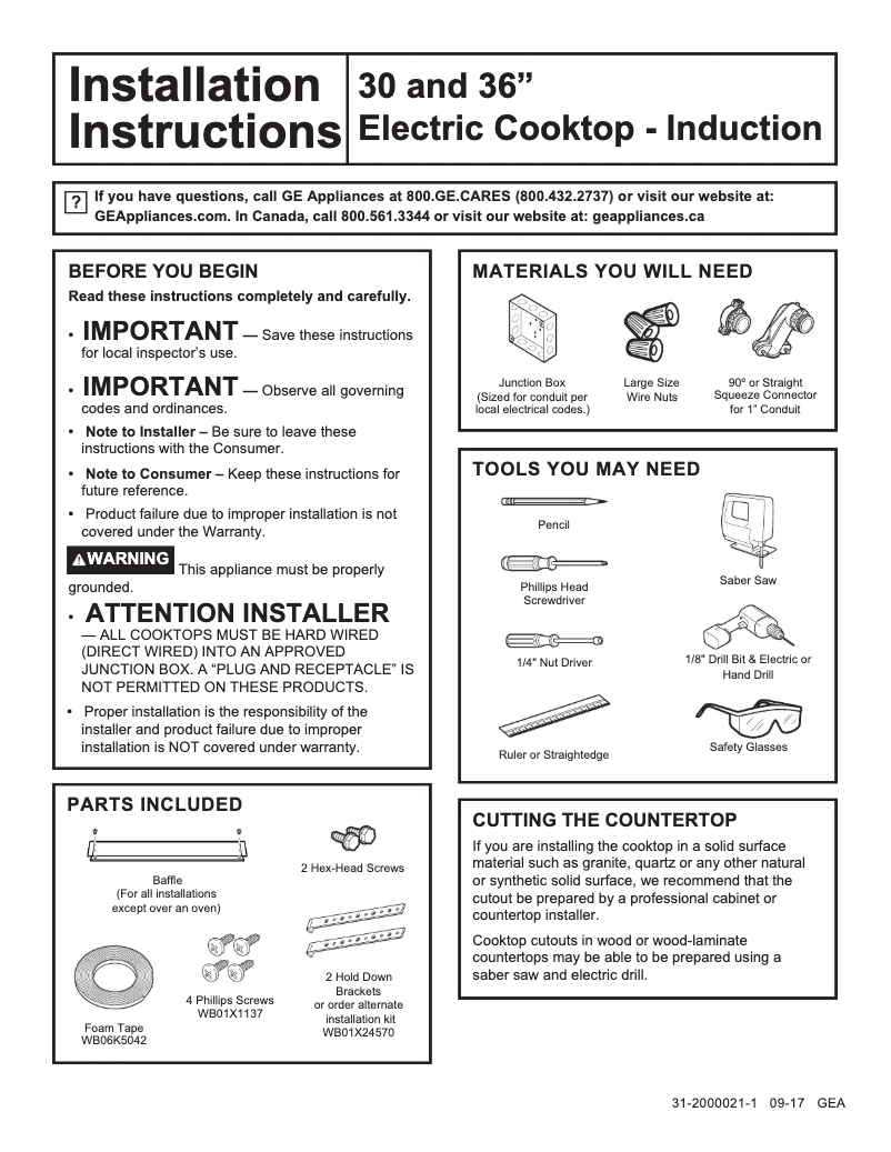 Page n°1 - Guide d'installation GE CHP95362MSS