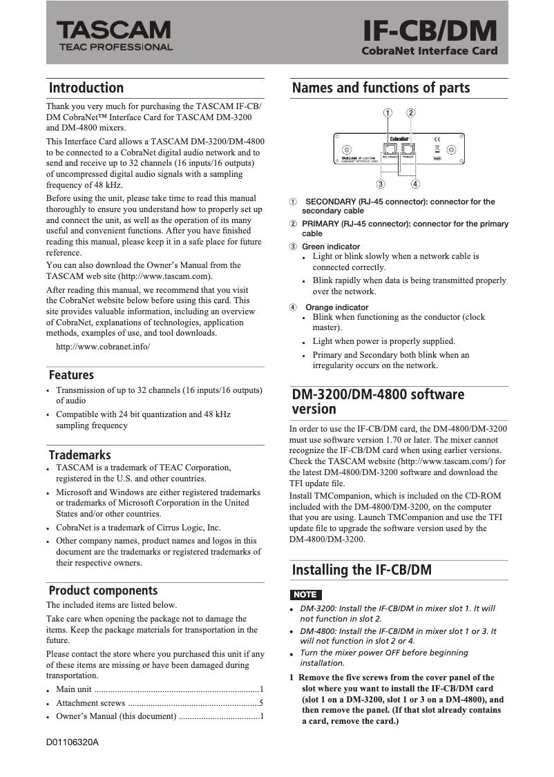 Page n°1 - Manuel utilisateur Tascam IF-CB/DM
