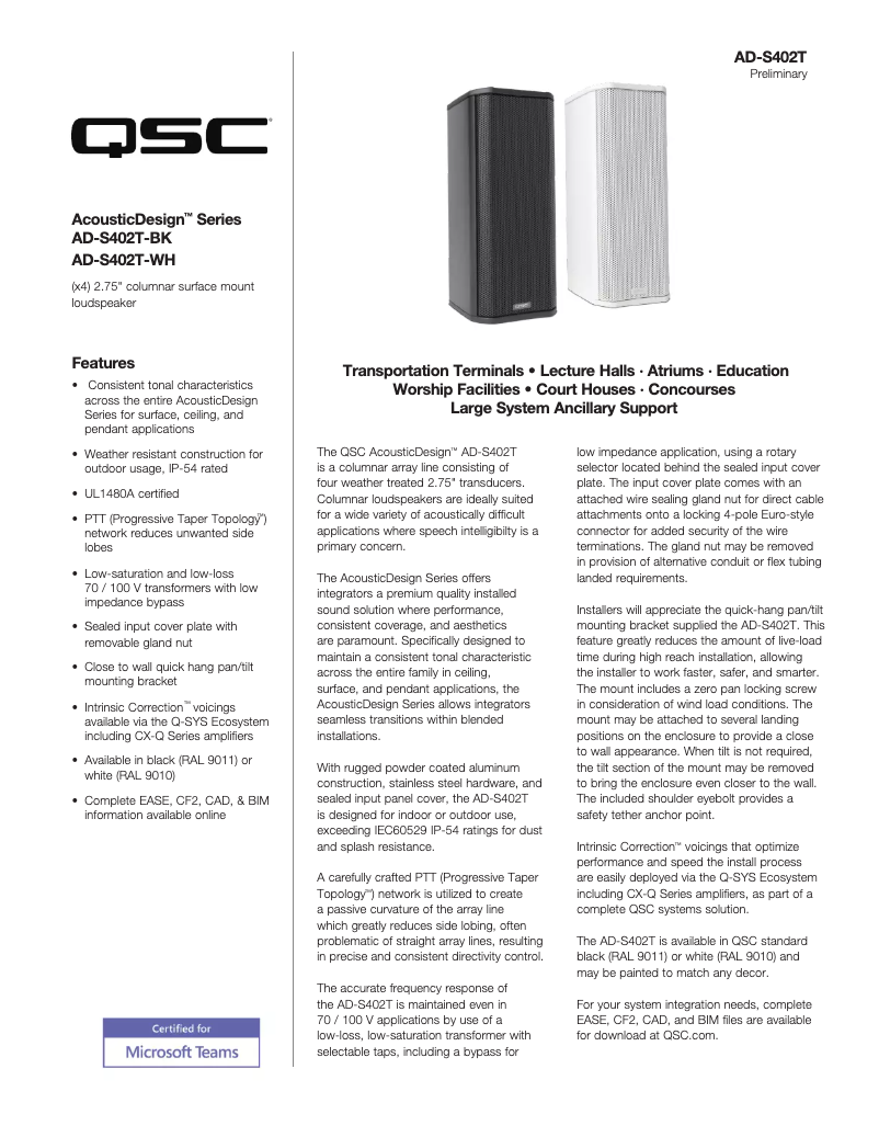 Page 1 de la notice Fiche technique QSC AD-S402T