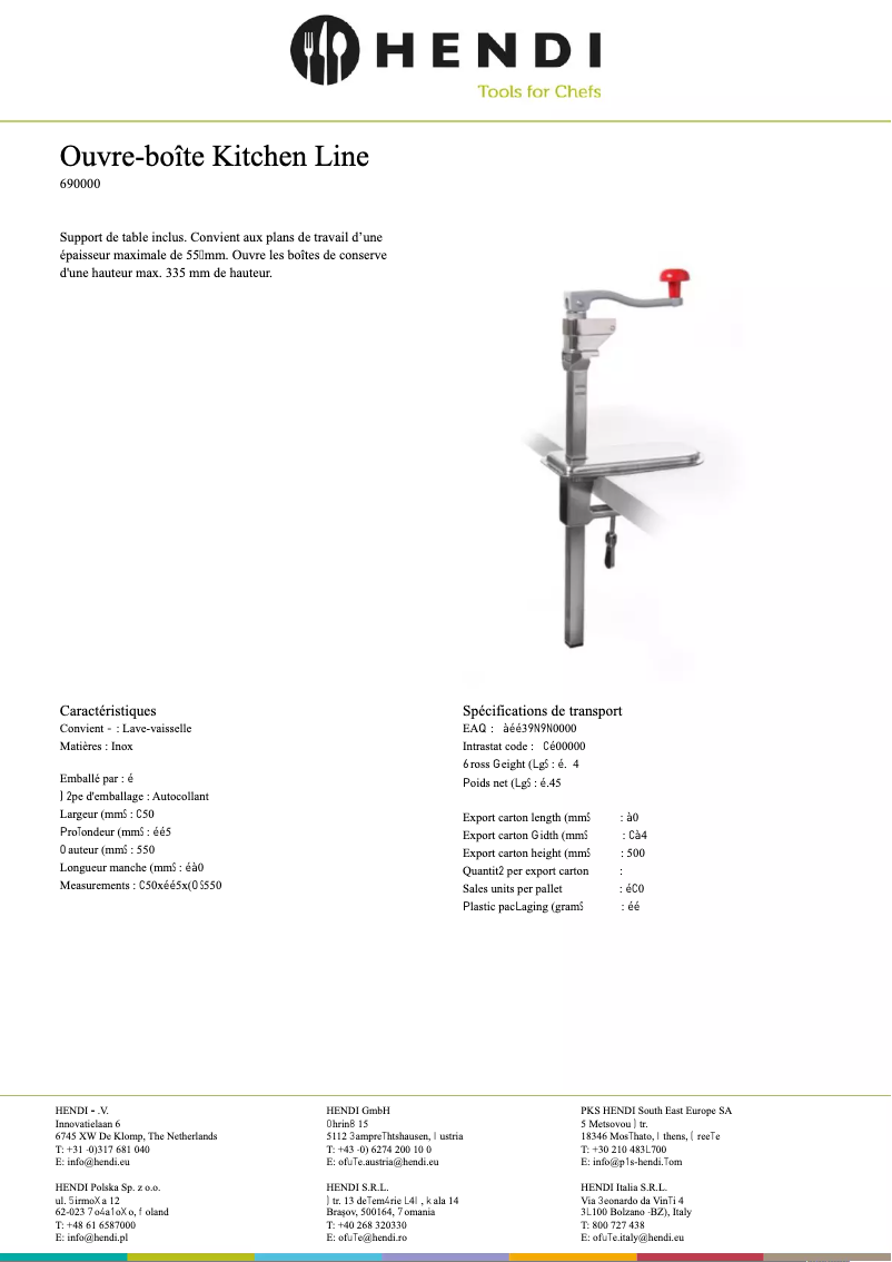 Page 1 de la notice Fiche technique Hendi 690000