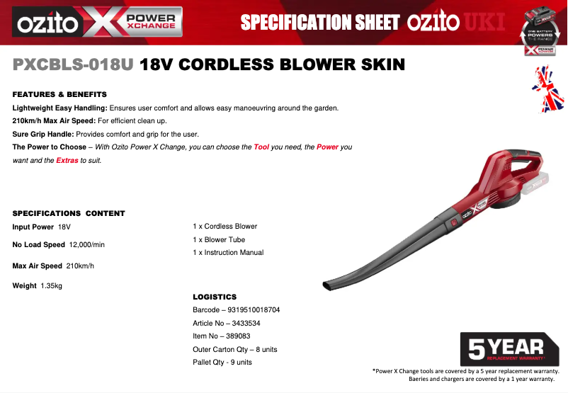 Page 1 de la notice Fiche technique Ozito PXCBLS-018U
