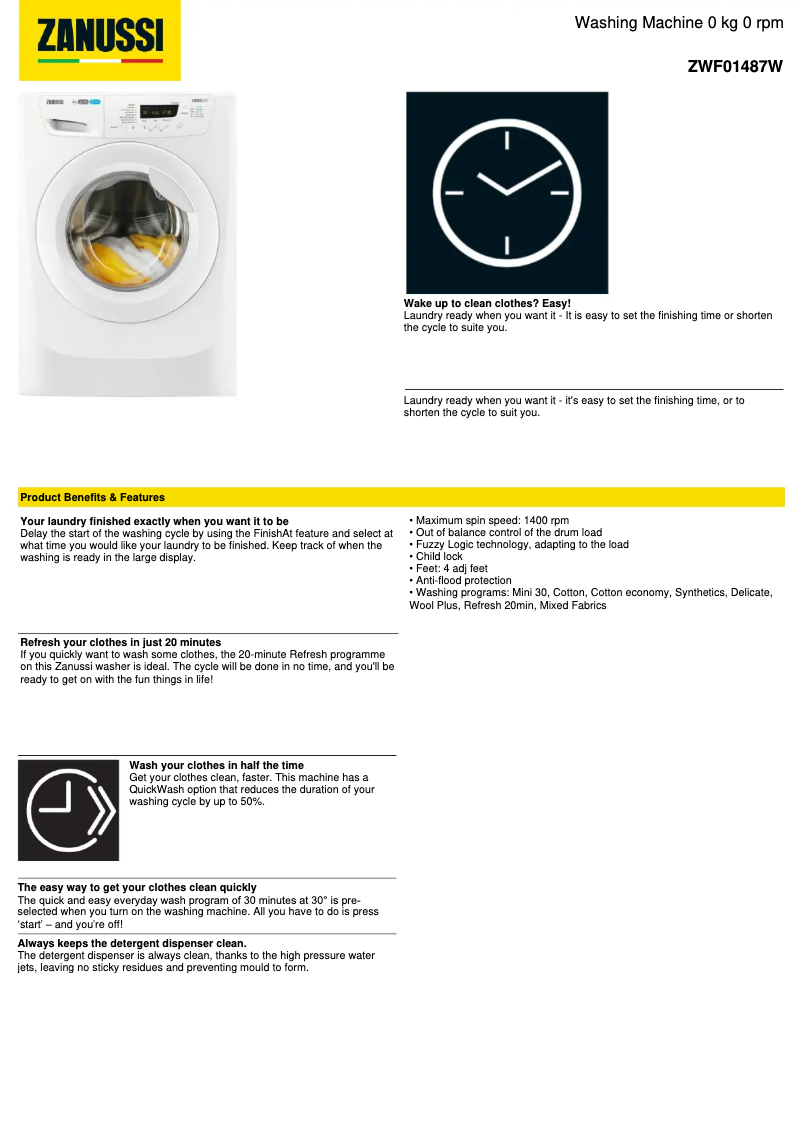 Page 1 de la notice Fiche technique Zanussi ZWF01487W