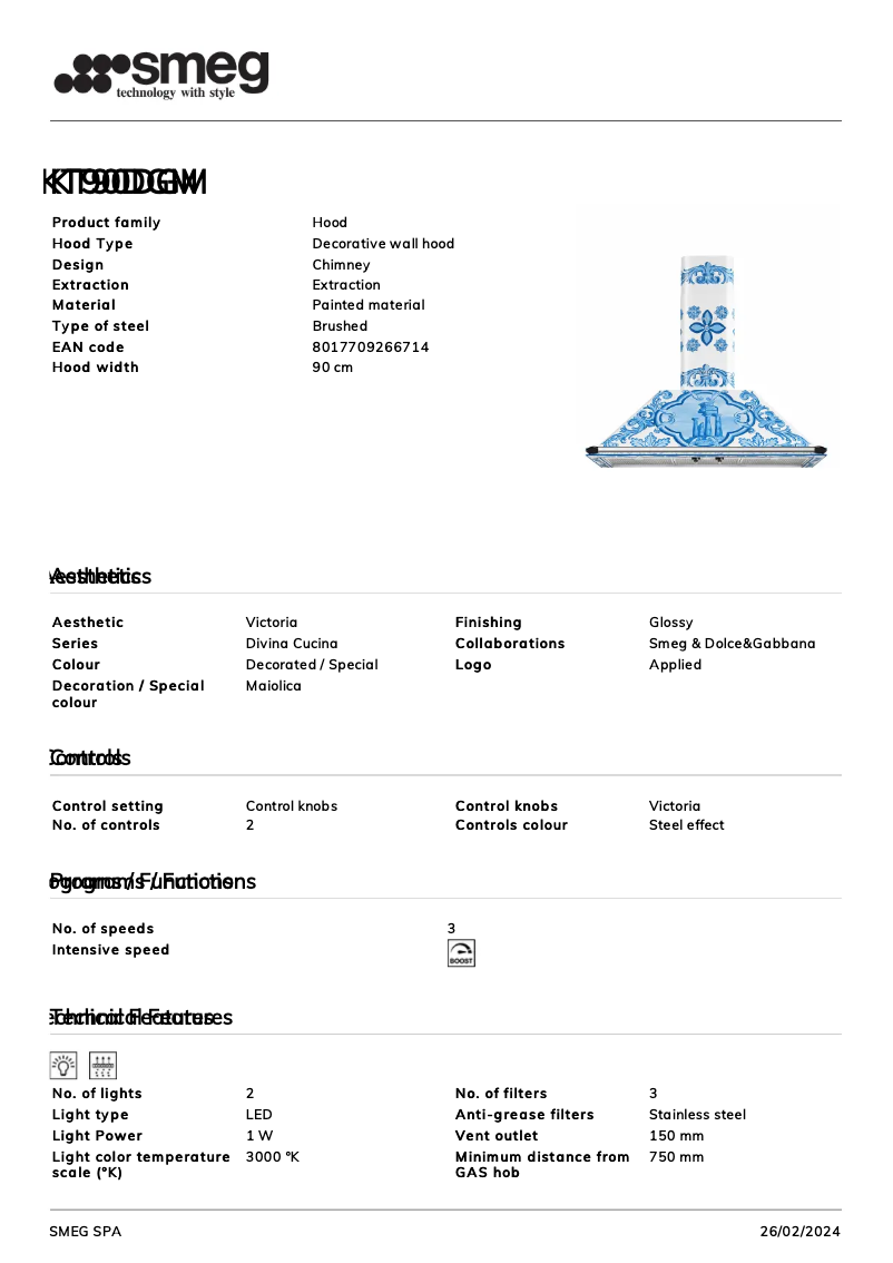 Page 1 de la notice Fiche technique Smeg KT90DGM