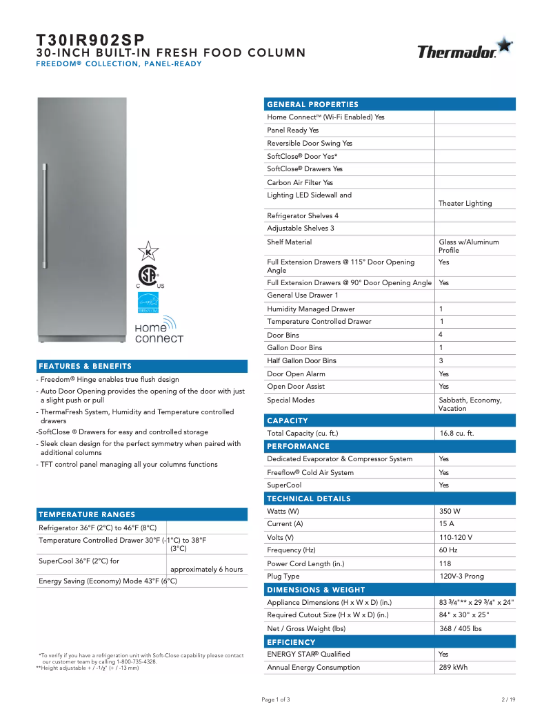 Page 1 de la notice Fiche technique Thermador T30IR902SP