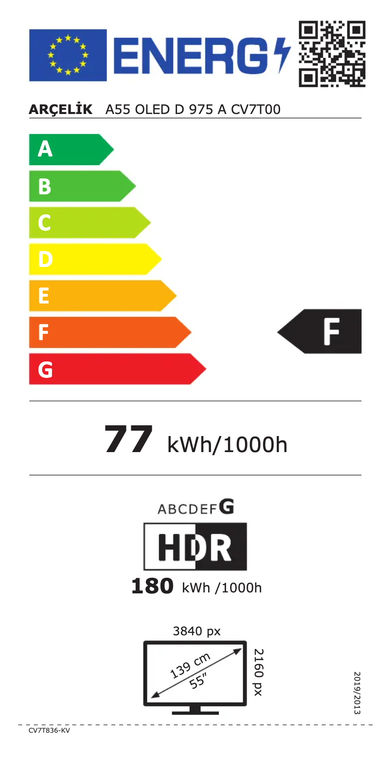 Page 1 de la notice Label énergétique Arçelik A55 OLED D 975 A